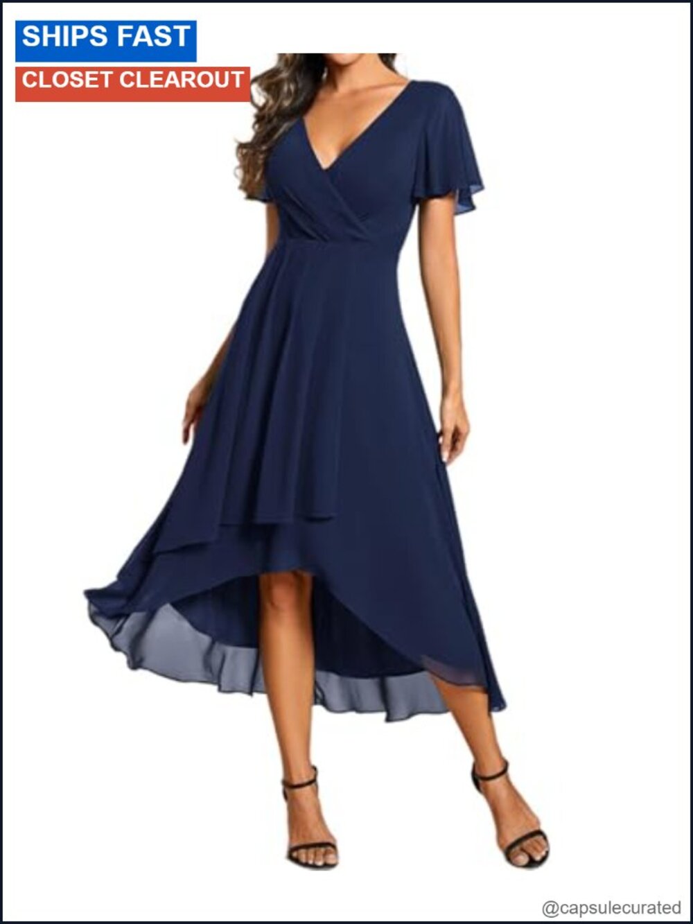 Women's Chiffon Midi Dress V-Neck High Waisted A-Line 3/4 Sleeve Casual